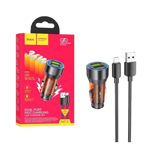 Hoco Car Charger NZ12 Prosperity 2 Port USB 36W with Micro Cable 1M Transparent Orange